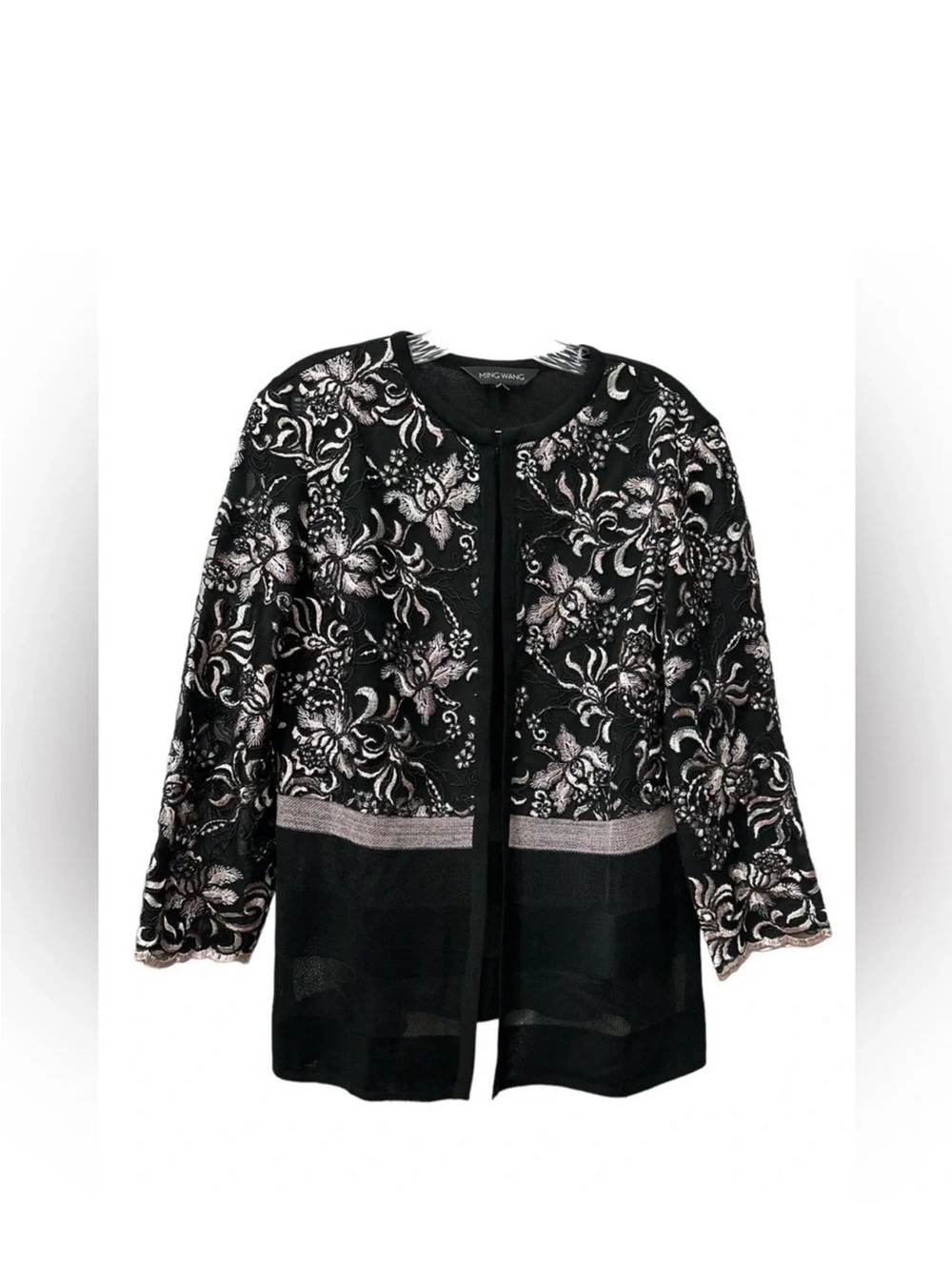 Ming Wang Black Jacket with Silver Floral Embroidery
